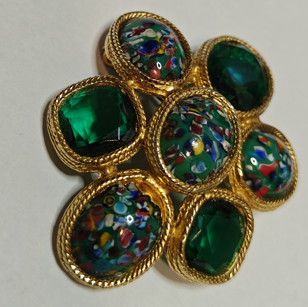Vintage Murano Millefiori Cabochon & Green Glass Brooch Pendant